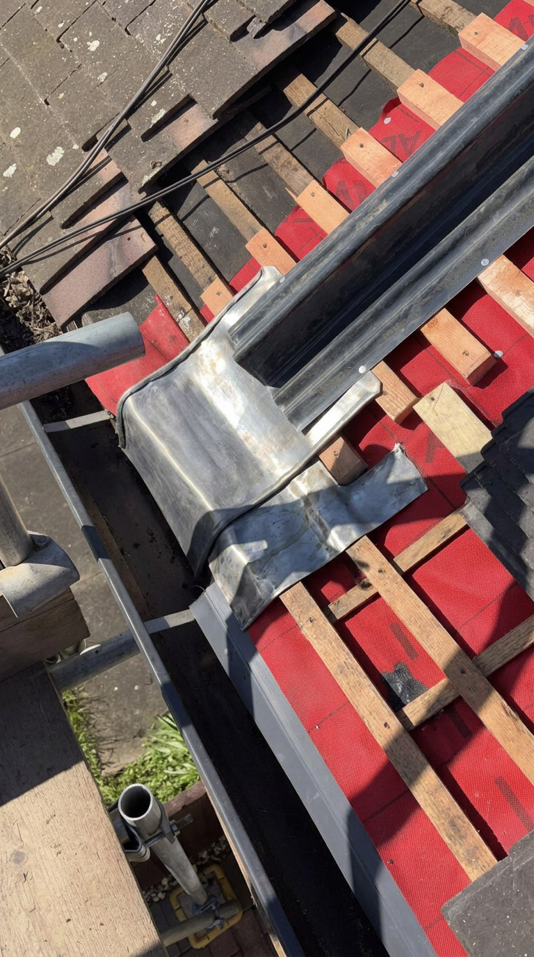 Hand-dressed Code 4 lead flashing on a Staffordshire roof