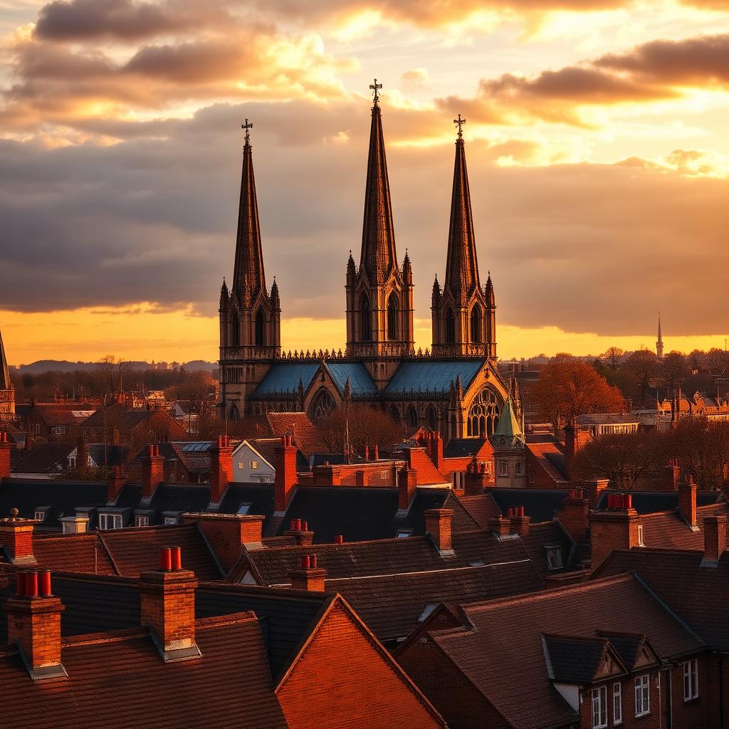 Three spires of Lichfield Cathedral above red-brick rooftops