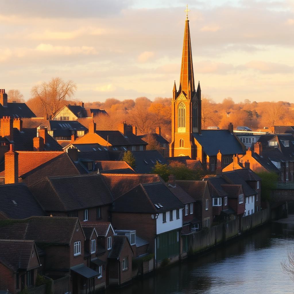 Rugeley skyline with St Augustine's church spire above brick rooftops